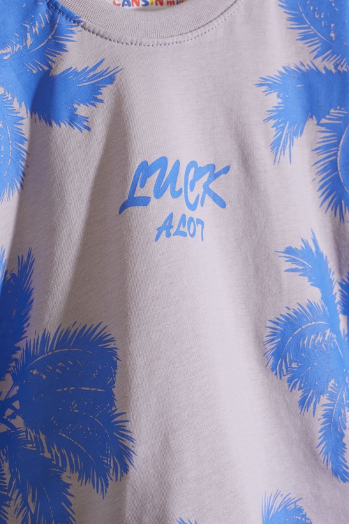 Gri Luck Yazı Baskılı Tişörtlü Erkek Çocuk Şortlu Takım 18841