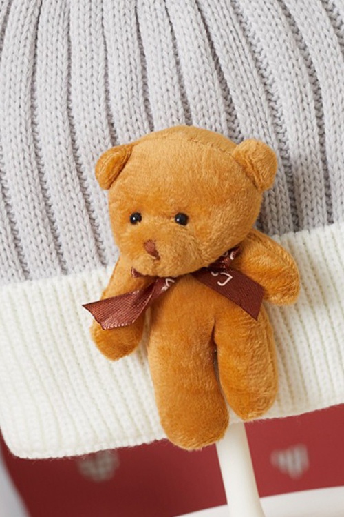 Gri Sevimli Ayıcıklı Renkli Ponponlu Çocuk Bere 17236