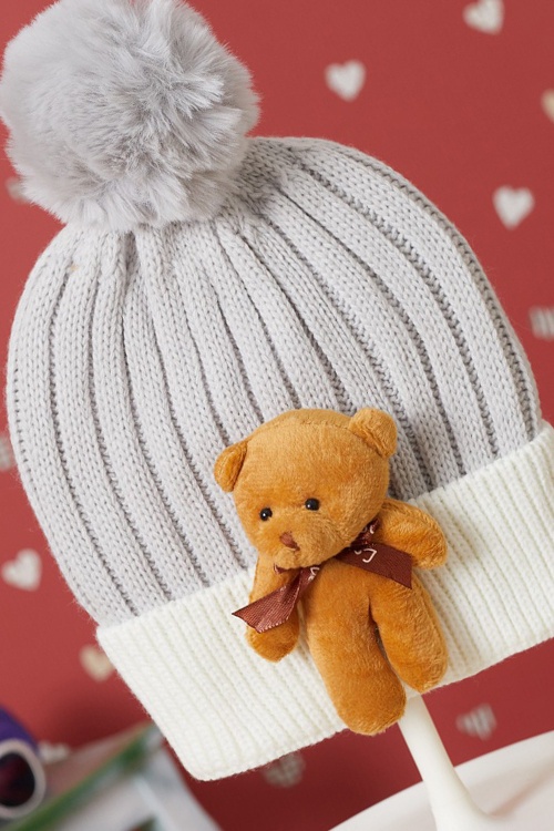 Gri Sevimli Ayıcıklı Renkli Ponponlu Çocuk Bere 17236