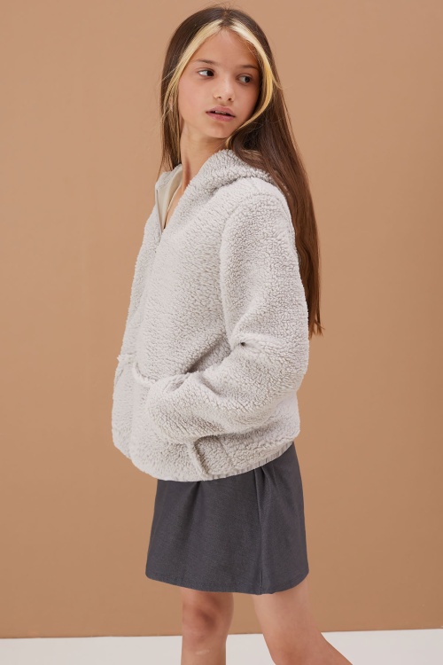 Gri Kız Çocuk Kapüşonlu Peluş Hırka 5-15 Yaş 19100