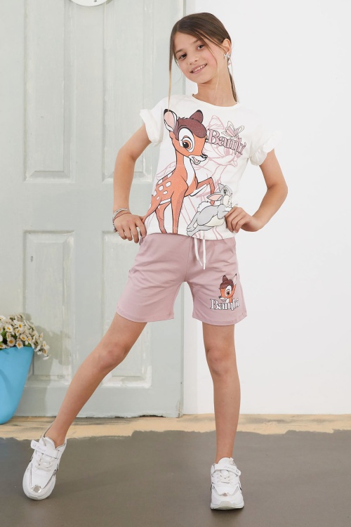 Gül Kurusu Bambi Baskılı Kız Çocuk Tişörtlü Şortlu Takım 18815