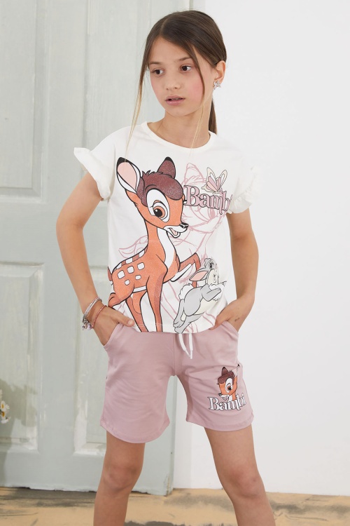 Gül Kurusu Bambi Baskılı Kız Çocuk Tişörtlü Şortlu Takım 18815