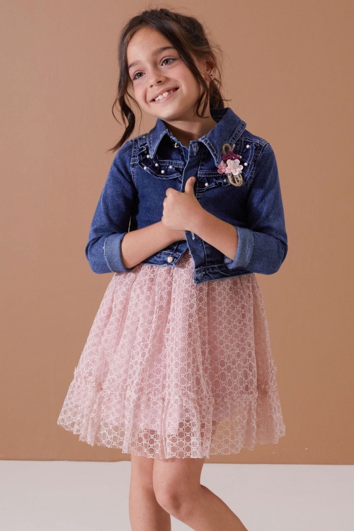 Gül Kurusu Jean Crop Ceketli Tüllü Kız Çocuk Elbise Takımı 19104