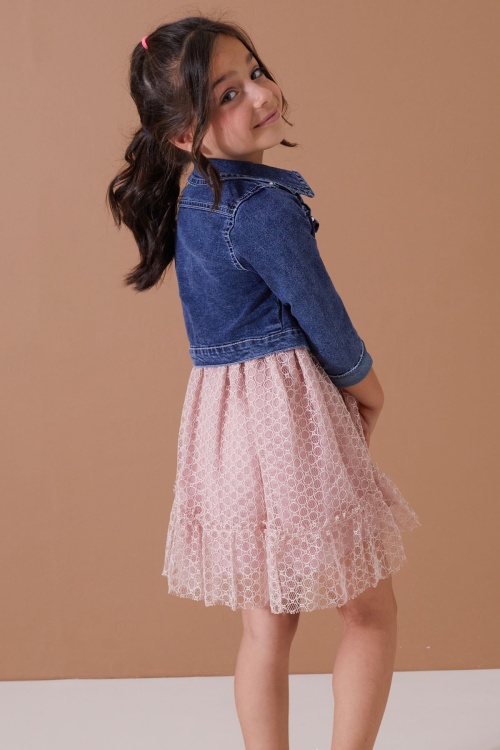 Gül Kurusu Jean Crop Ceketli Tüllü Kız Çocuk Elbise Takımı 19104