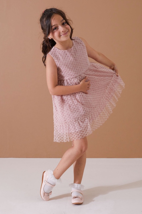 Gül Kurusu Jean Crop Ceketli Tüllü Kız Çocuk Elbise Takımı 19104