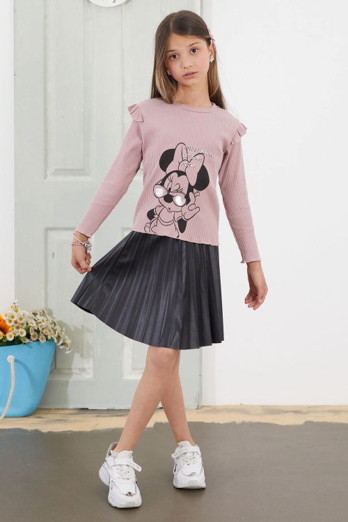 Gül Kurusu Karakter Baskılı Badili Deri Etekli Kız Çocuk Takım 18811