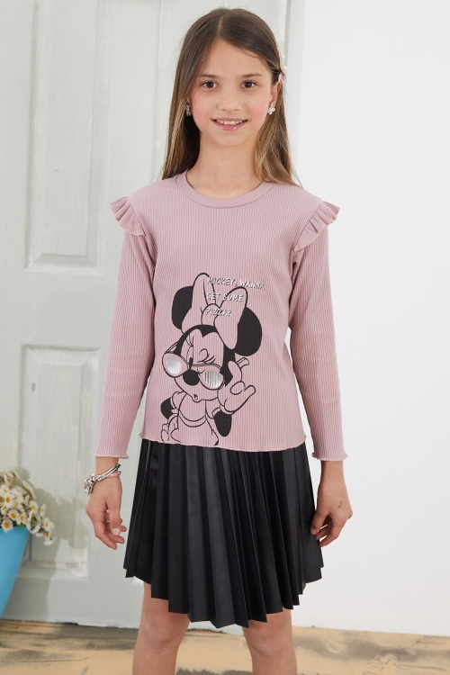 Gül Kurusu Karakter Baskılı Badili Deri Etekli Kız Çocuk Takım 18811