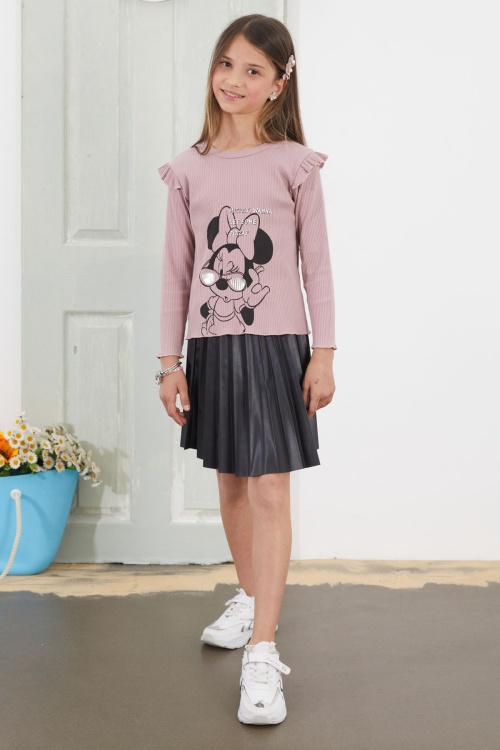 Gül Kurusu Karakter Baskılı Badili Deri Etekli Kız Çocuk Takım 18811