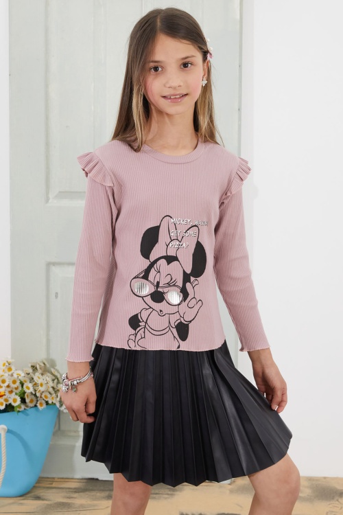 Gül Kurusu Karakter Baskılı Badili Deri Etekli Kız Çocuk Takım 18811