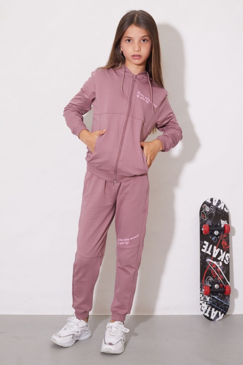 Gül Kurusu Yazılı Fermuarlı Hırkalı Kız Çocuk Takımı 18605