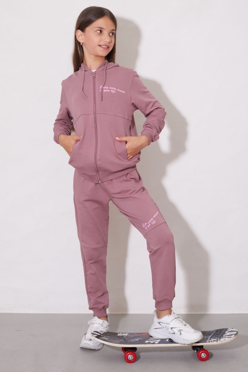 Gül Kurusu Yazılı Fermuarlı Hırkalı Kız Çocuk Takımı 18605