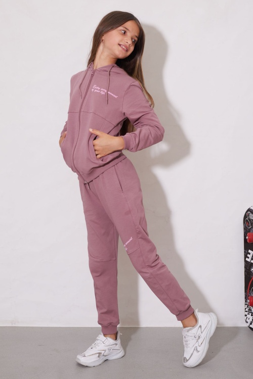 Gül Kurusu Yazılı Fermuarlı Hırkalı Kız Çocuk Takımı 18605