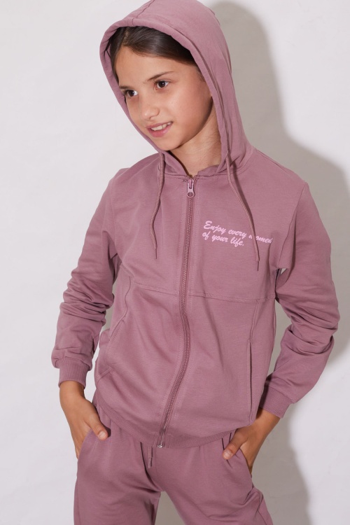 Gül Kurusu Yazılı Fermuarlı Hırkalı Kız Çocuk Takımı 18605