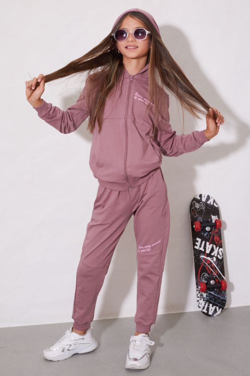 Gül Kurusu Yazılı Fermuarlı Hırkalı Kız Çocuk Takımı 18605