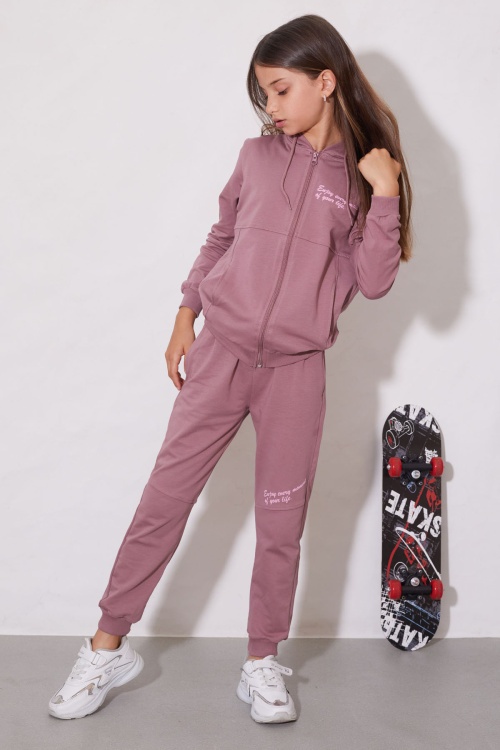 Gül Kurusu Yazılı Fermuarlı Hırkalı Kız Çocuk Takımı 18605