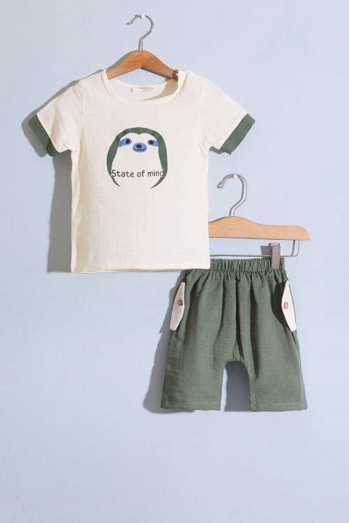 Haki Hayvan Baskılı Şortlu Erkek Bebek Müslin Takım 18823
