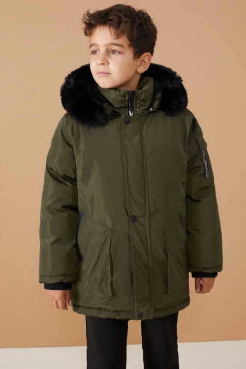 Haki İçi Kürklü Kol Cep Detaylı Erkek Çocuk Kapüşonlu Mont 19059