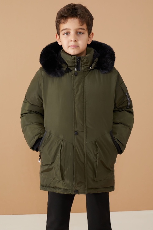 Haki İçi Kürklü Kol Cep Detaylı Erkek Çocuk Kapüşonlu Mont 19059