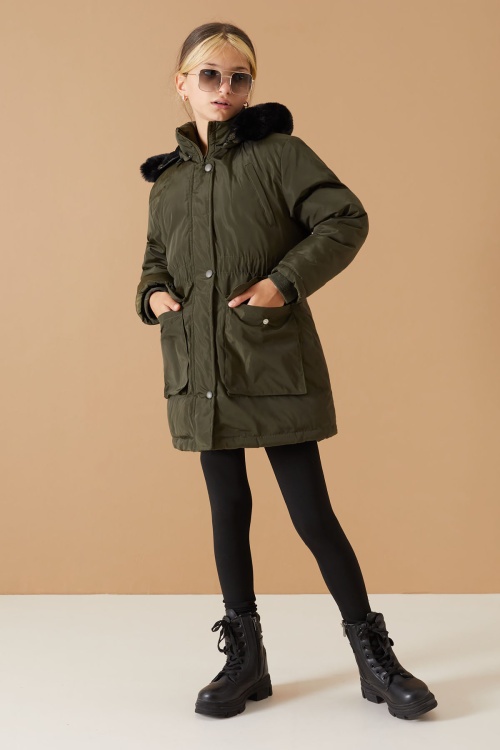 Haki Kapaklı Cepli Kız Çocuk Kapüşonlu Mont 19061