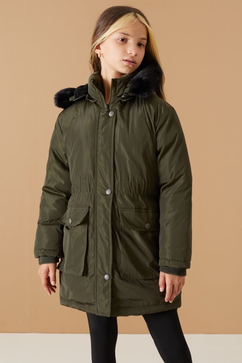 Haki Kapaklı Cepli Kız Çocuk Kapüşonlu Mont 19061