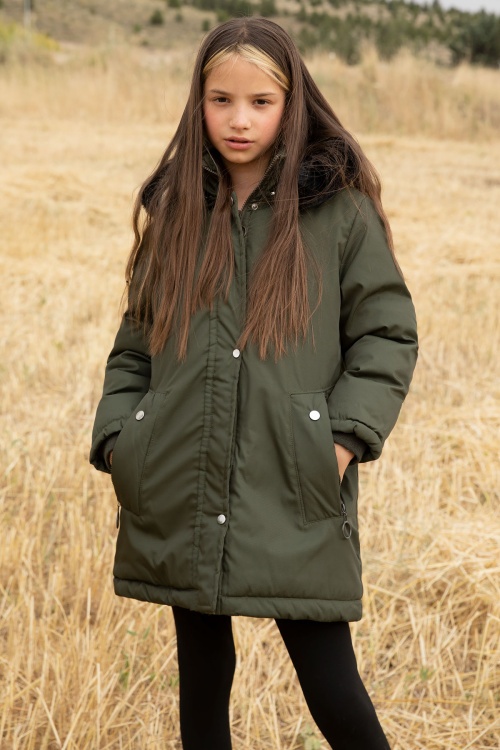 Haki Kürklü İçi Astarlı Çıkarılabilir Kapüşonlu Kız Çocuk Mont 19054
