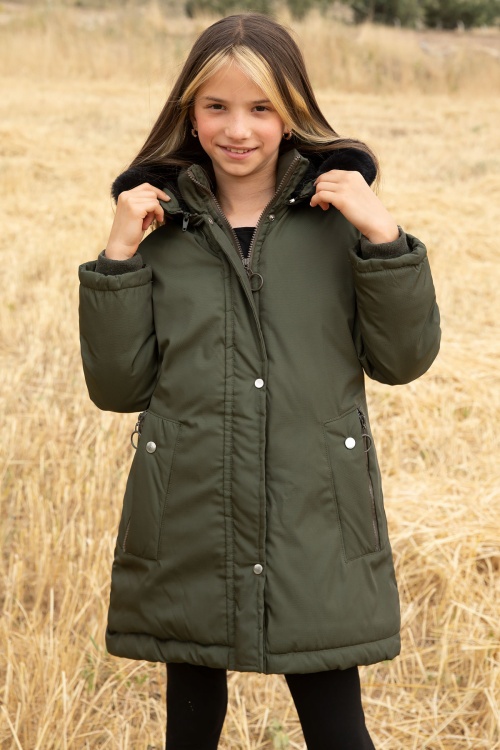 Haki Kürklü İçi Astarlı Çıkarılabilir Kapüşonlu Kız Çocuk Mont 19054