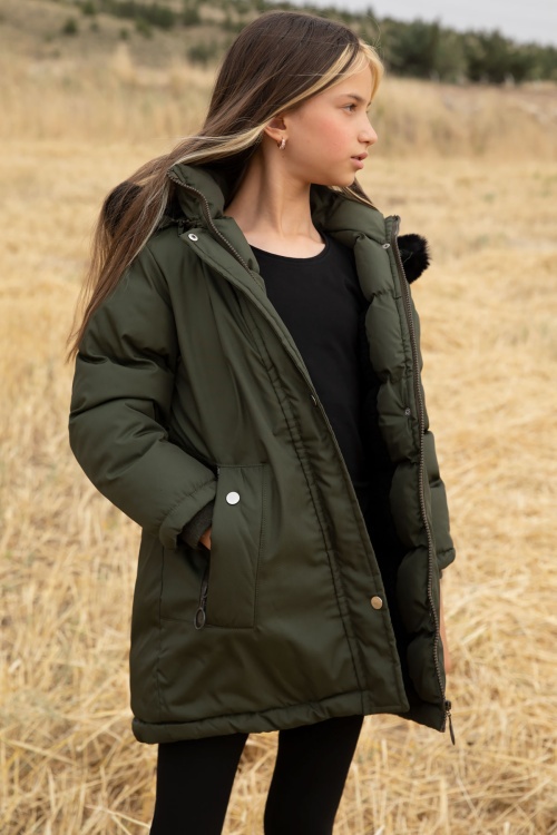 Haki Kürklü İçi Astarlı Çıkarılabilir Kapüşonlu Kız Çocuk Mont 19054