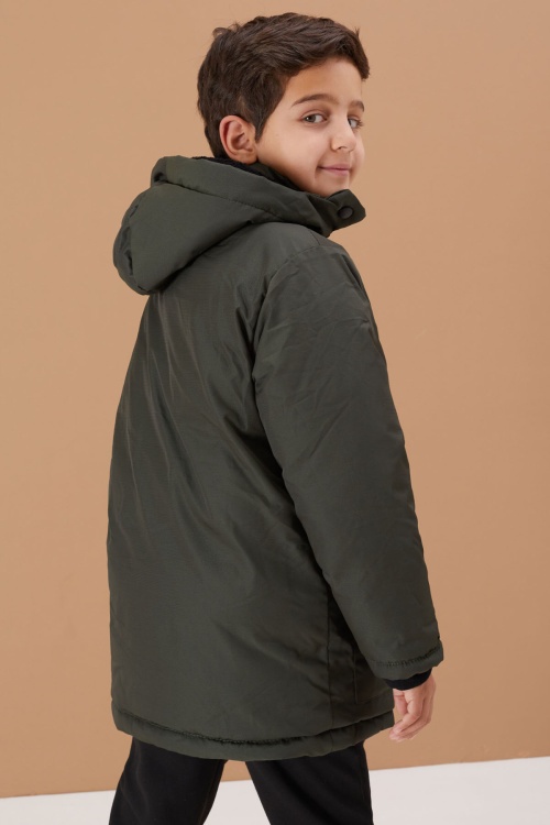 Haki Kürklü Kapüşonlu Fermuarlı Göğüs Cepli Erkek Çocuk Mont 19076