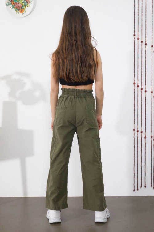 Haki Yan Cepli Geniş Paça Kız Pantolon 18862