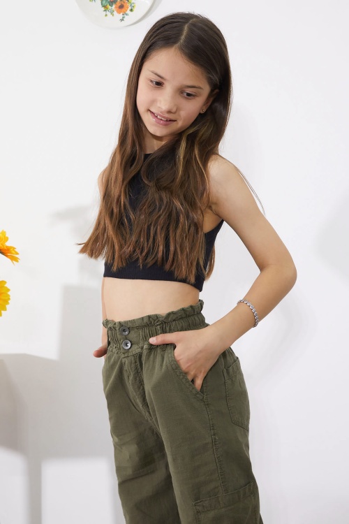 Haki Yan Cepli Geniş Paça Kız Pantolon 18862