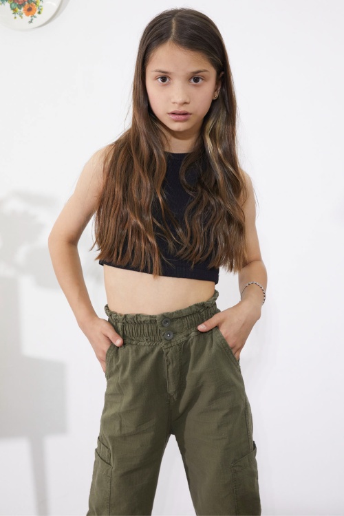 Haki Yan Cepli Geniş Paça Kız Pantolon 18862