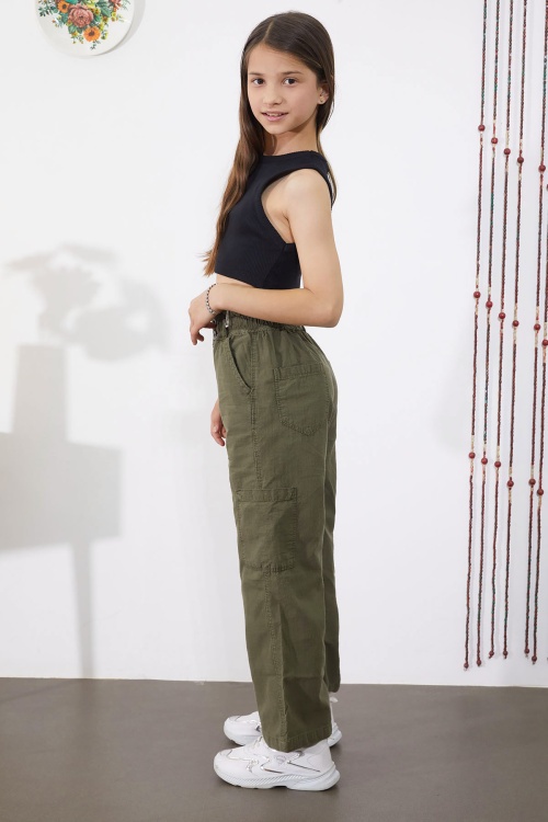 Haki Yan Cepli Geniş Paça Kız Pantolon 18862