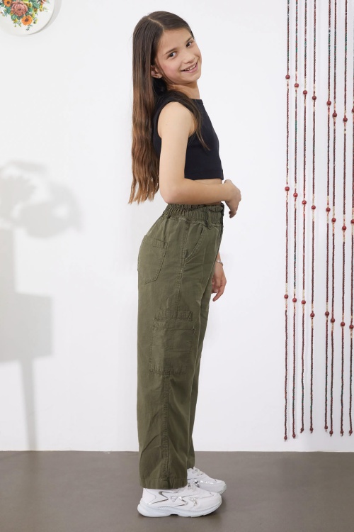Haki Yan Cepli Geniş Paça Kız Pantolon 18862