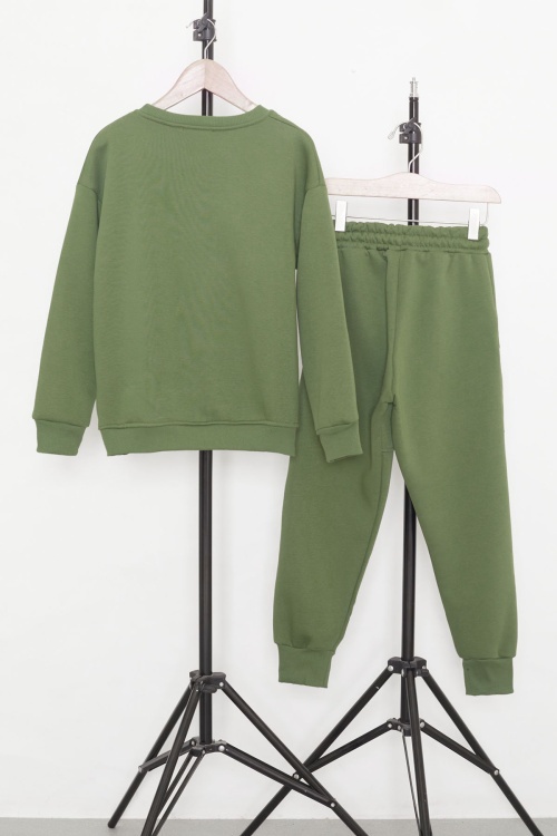 Haki Yazı Baskılı Bisiklet Yaka Erkek Çocuk Şardonlu Eşofman Takımı 19348