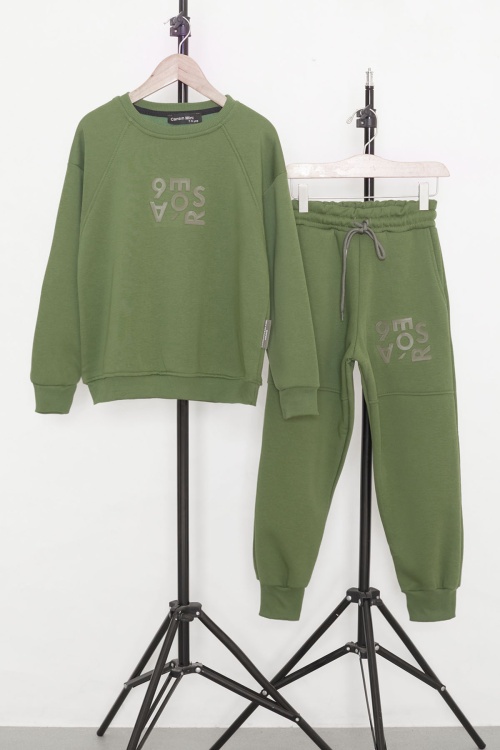 Haki Yazı Baskılı Bisiklet Yaka Erkek Çocuk Şardonlu Eşofman Takımı 19348