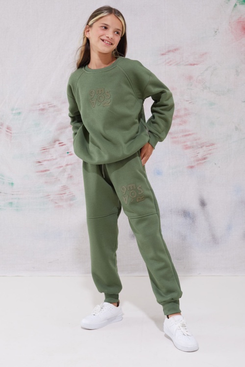Haki Yazı Baskılı Bisiklet Yaka Kız Çocuk Şardonlu  Eşofman Takımı 19344