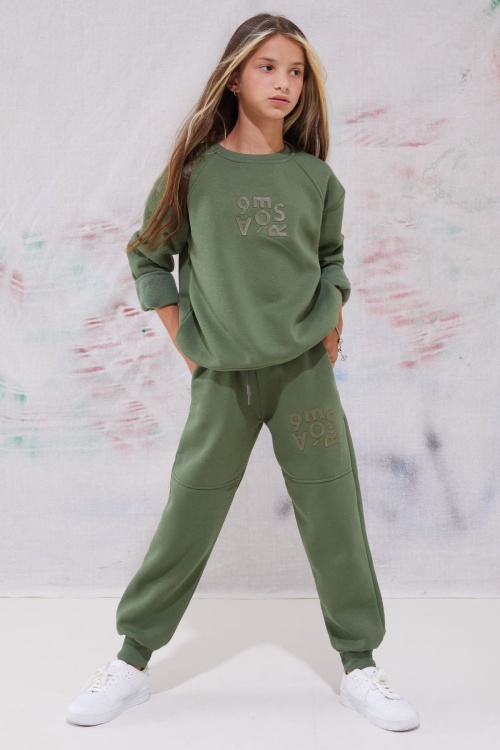 Haki Yazı Baskılı Bisiklet Yaka Kız Çocuk Şardonlu  Eşofman Takımı 19344