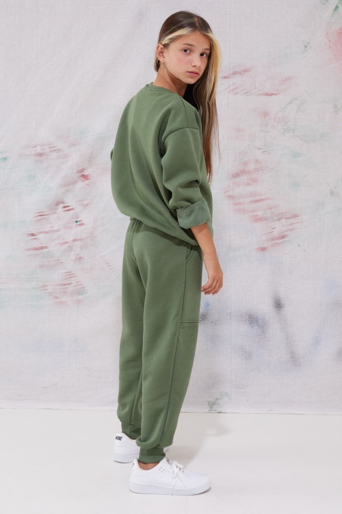 Haki Yazı Baskılı Bisiklet Yaka Kız Çocuk Şardonlu  Eşofman Takımı 19344