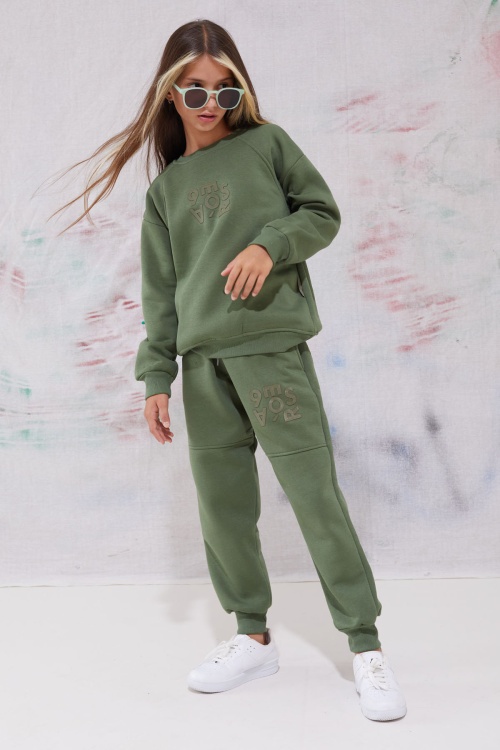 Haki Yazı Baskılı Bisiklet Yaka Kız Çocuk Şardonlu  Eşofman Takımı 19344