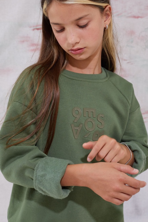 Haki Yazı Baskılı Bisiklet Yaka Kız Çocuk Şardonlu  Eşofman Takımı 19344