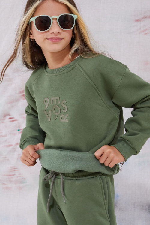 Haki Yazı Baskılı Bisiklet Yaka Kız Çocuk Şardonlu  Eşofman Takımı 19344