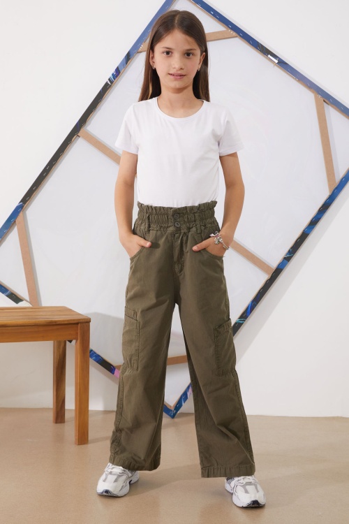Haki Yüksek Bel Çift Cepli Kız Paraşüt Pantolon 18930