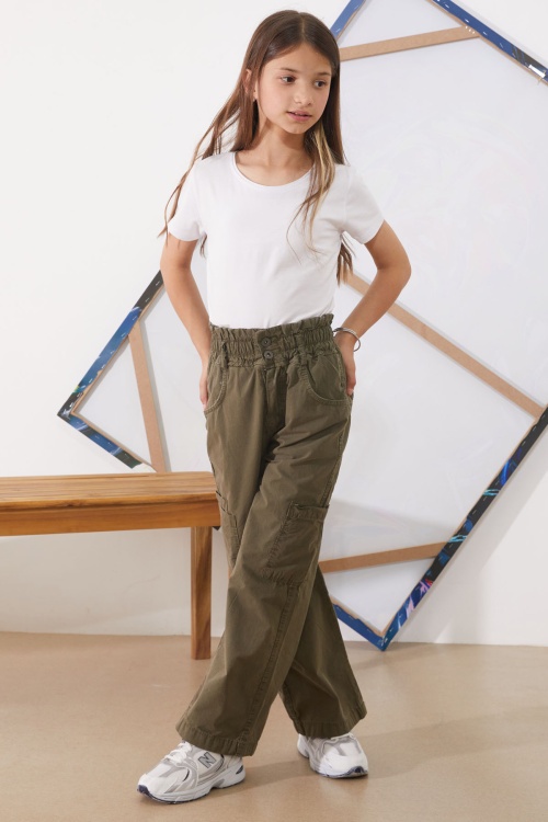 Haki Yüksek Bel Çift Cepli Kız Paraşüt Pantolon 18930