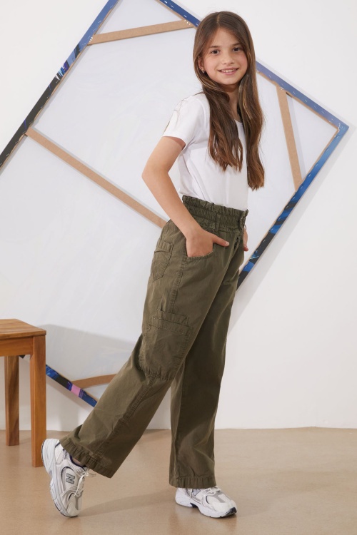 Haki Yüksek Bel Çift Cepli Kız Paraşüt Pantolon 18930