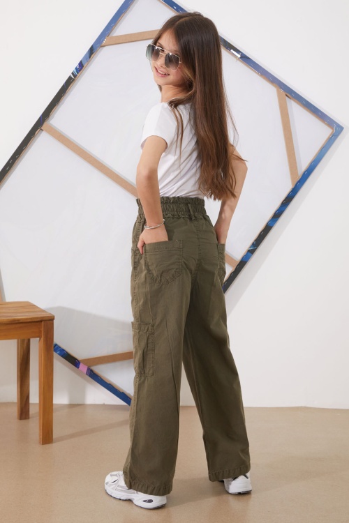 Haki Yüksek Bel Çift Cepli Kız Paraşüt Pantolon 18930
