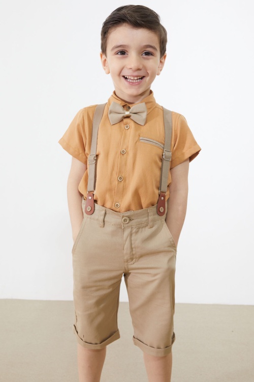 Hardal Kısa Kol Gömlekli Papyonlu Erkek Çocuk Keten Şortlu Takım 18867