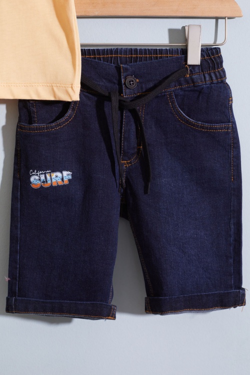 Hardal Polo Yaka Surf Baskılı Jean Şortlu Erkek Çocuk Takım 18921