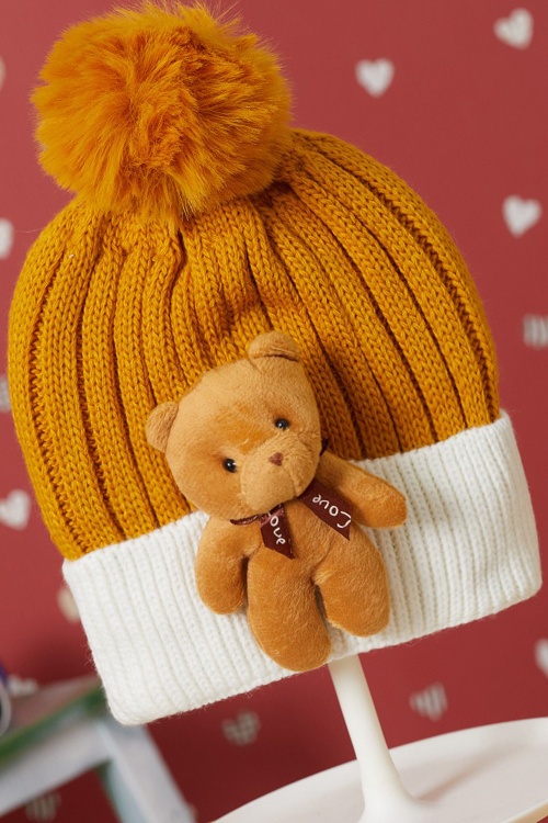 Hardal Sevimli Ayıcıklı Renkli Ponponlu Çocuk Bere 17240