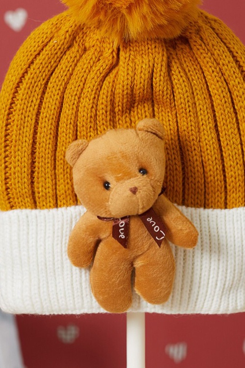 Hardal Sevimli Ayıcıklı Renkli Ponponlu Çocuk Bere 17240