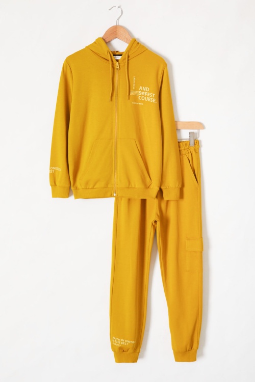 Hardal Yazı Baskılı Kapüşonlu Hırkalı Erkek Çocuk Eşofman Takımı 18562